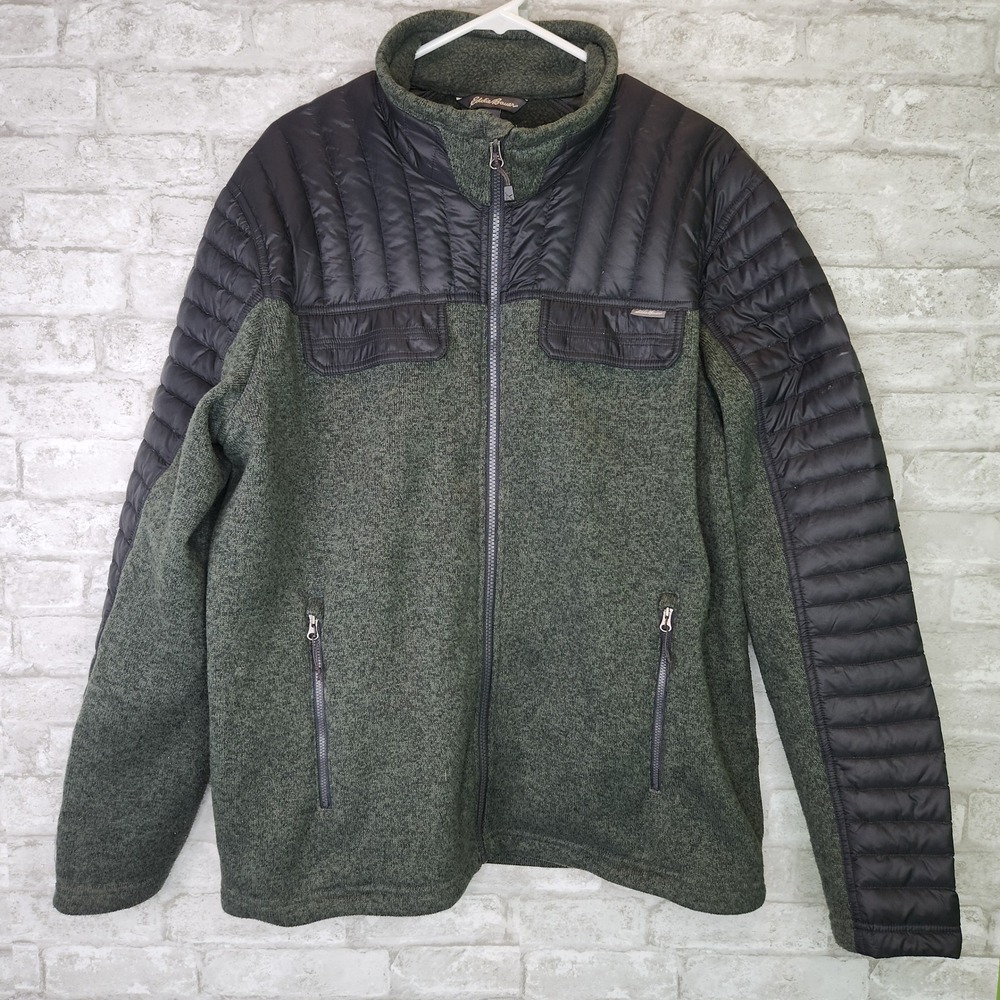 Eddie Bauer Knit Jacket Hybrid Quilted Down Insulated Fleece Green Black Mens XL
